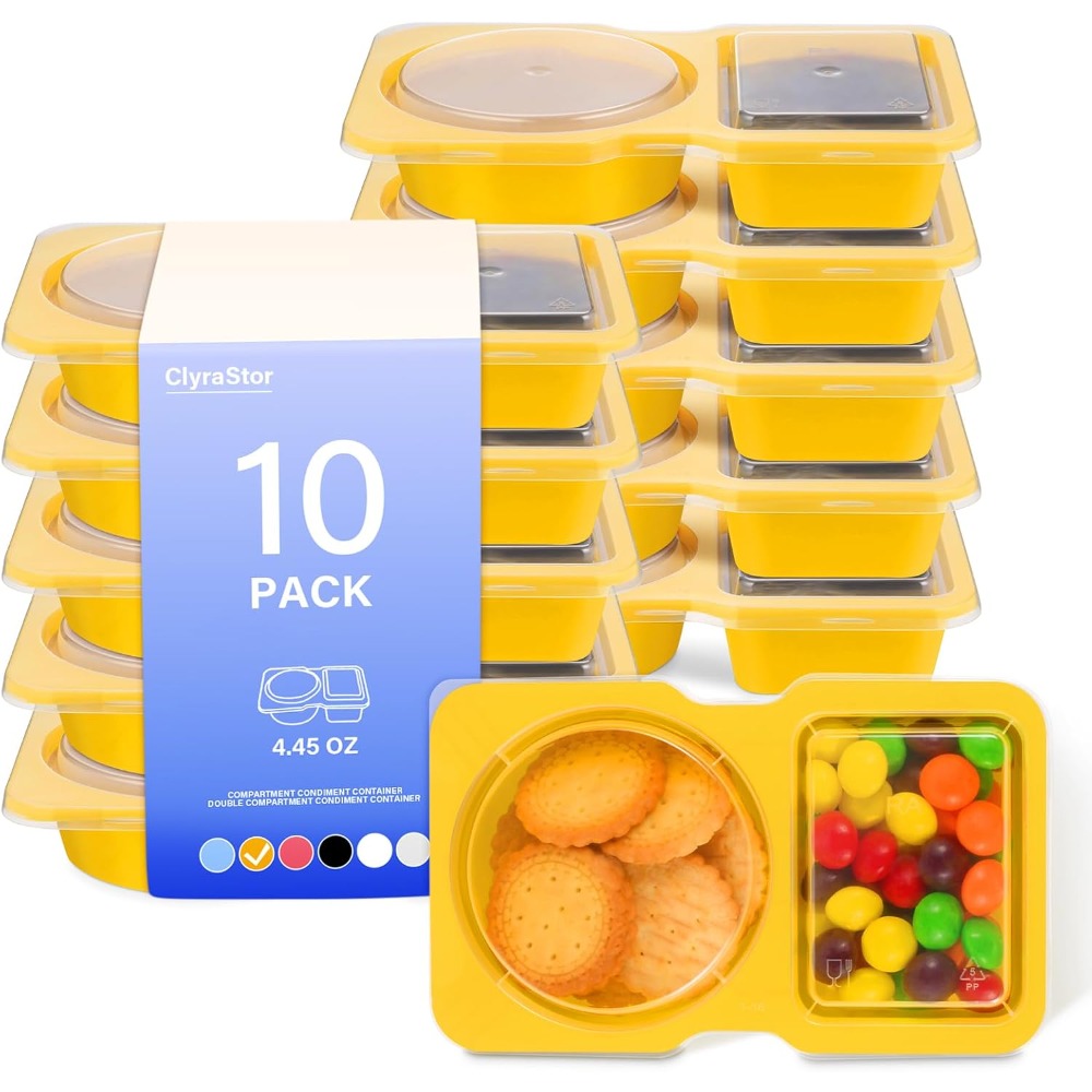 Food Prep Snacks - 2 Compartment Disposable Plastic Snack Containers
